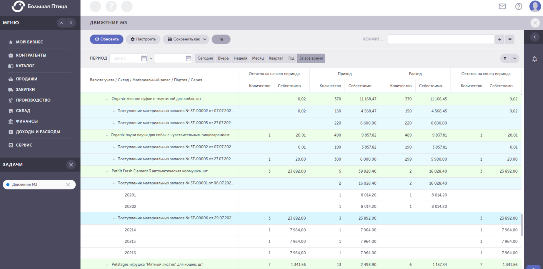 Отчет «Движение материальных запасов» в Большой Птице 2.0